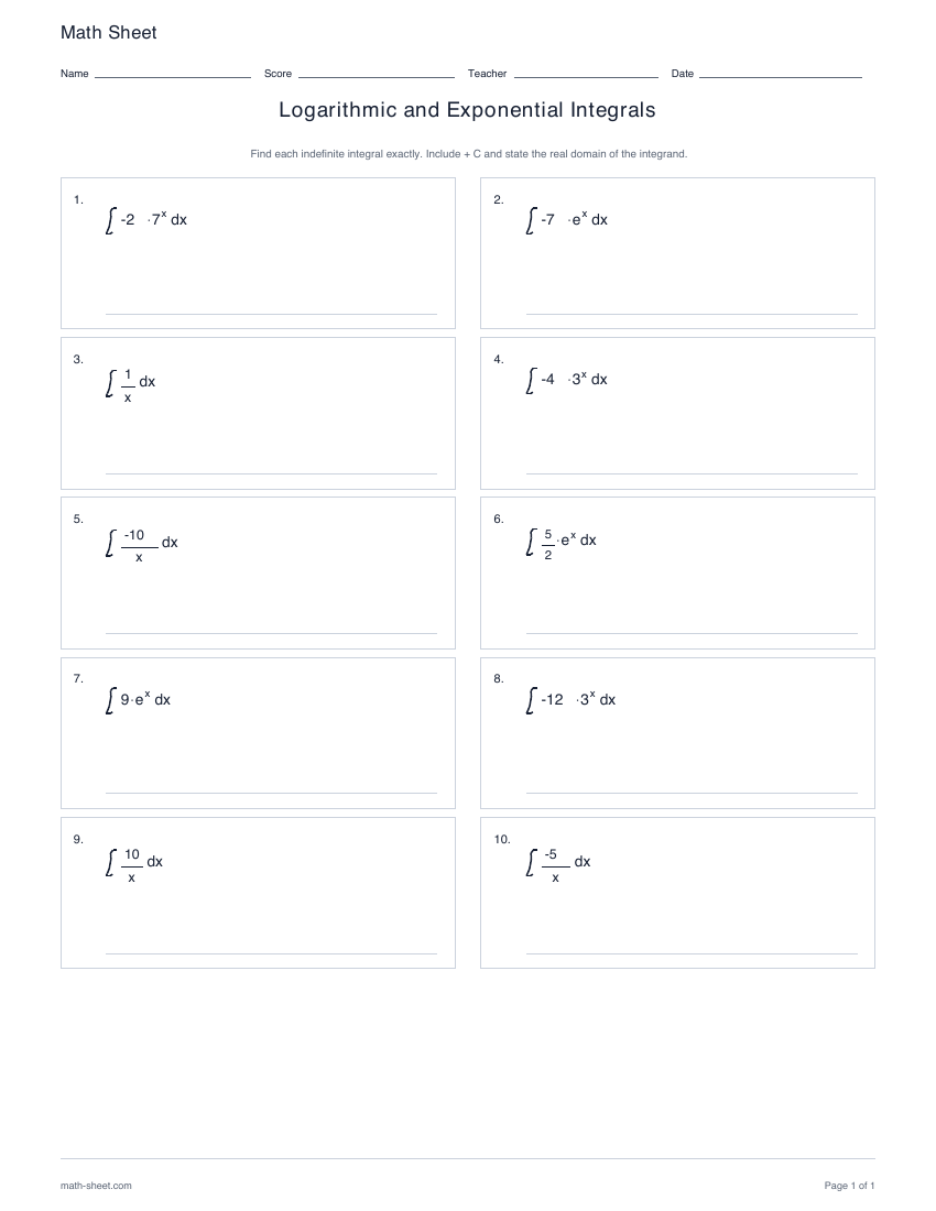 First page preview: Logarithmic and Exponential Integrals worksheets