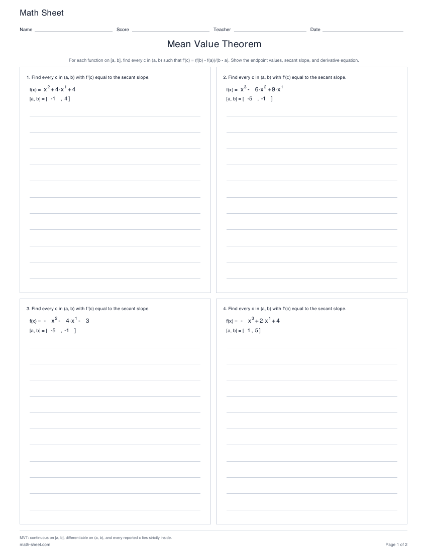 First page preview: Mean Value Theorem worksheets