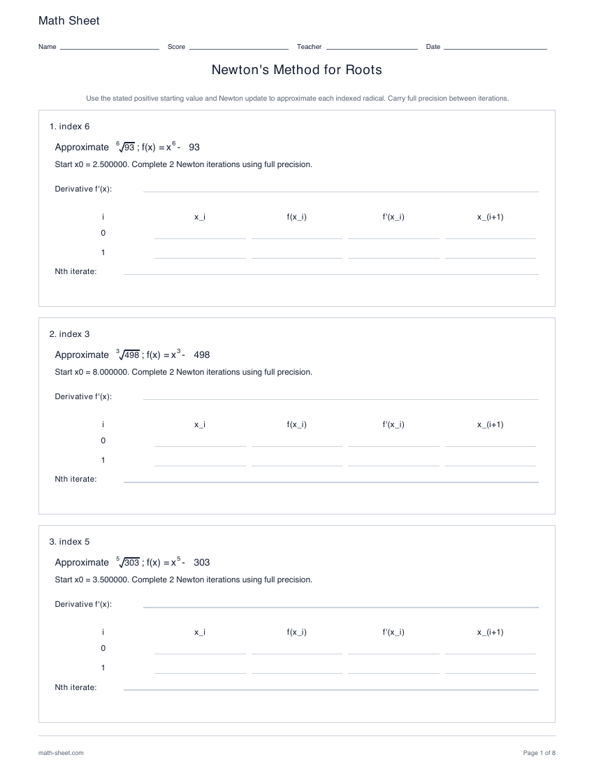 First page preview: Newton's Method for Roots worksheets