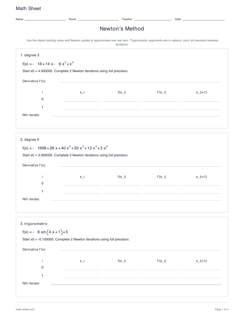 First page preview: Newton's Method worksheets