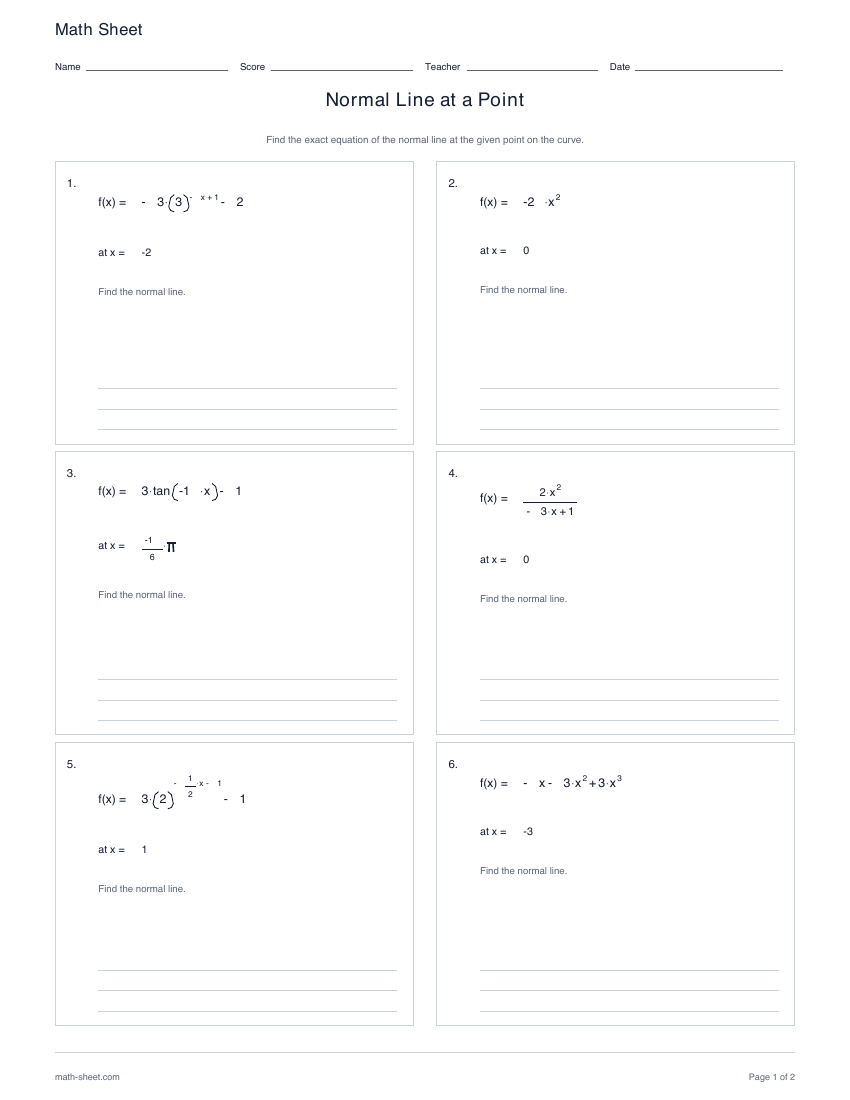First page preview: Normal Line at a Point worksheets
