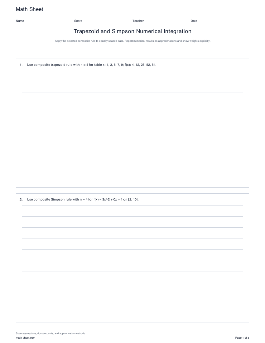 Printable trapezoid and simpson numerical integration worksheets preview