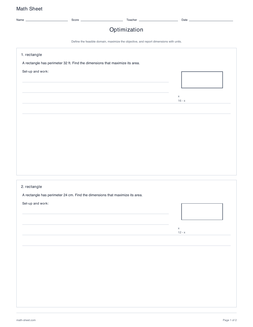 First page preview: Optimization worksheets