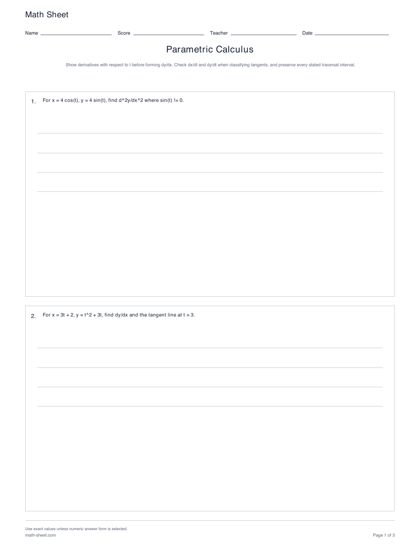 Printable parametric calculus worksheets preview
