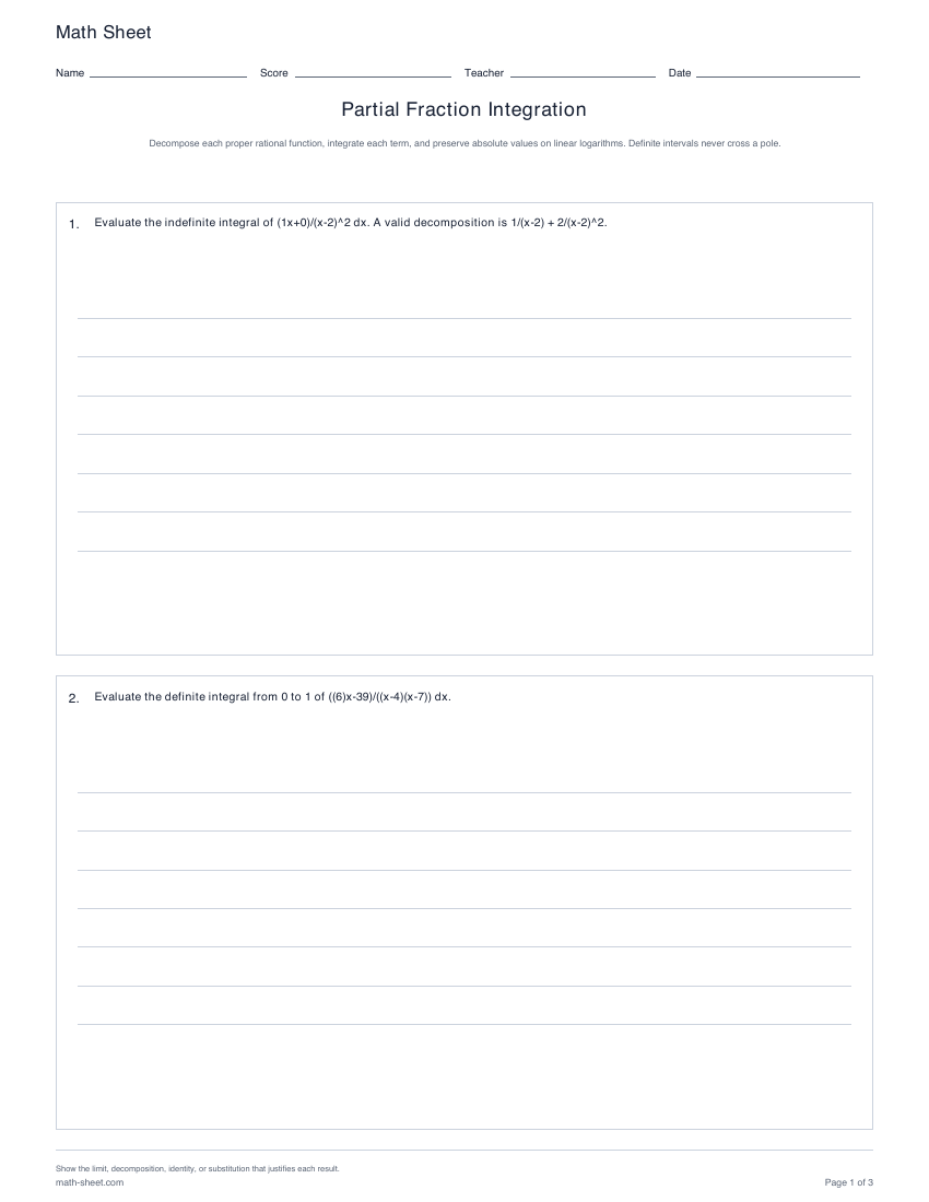 Printable partial fraction integration worksheets preview