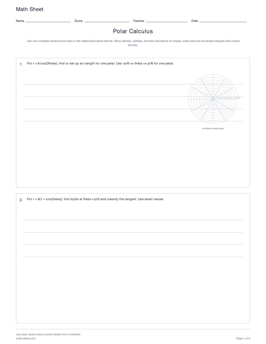 Printable polar calculus worksheets preview