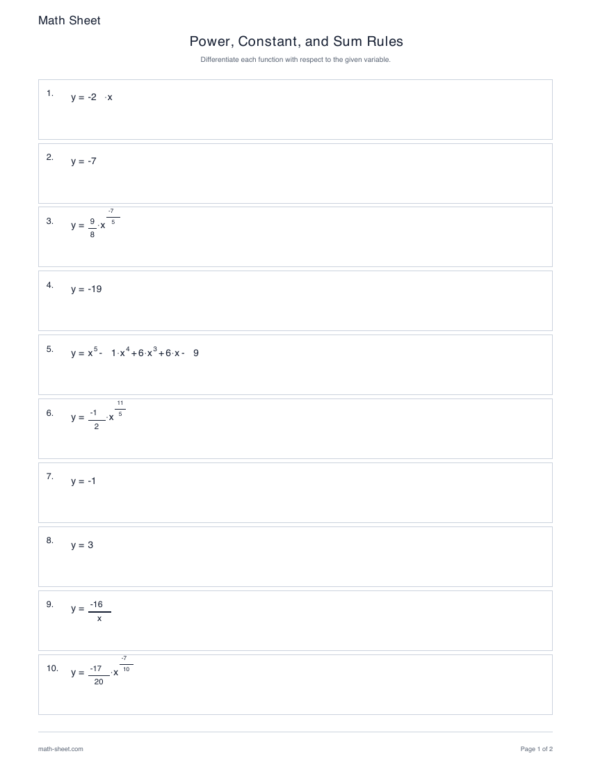 First page preview: Power, Constant, and Sum Rules worksheets