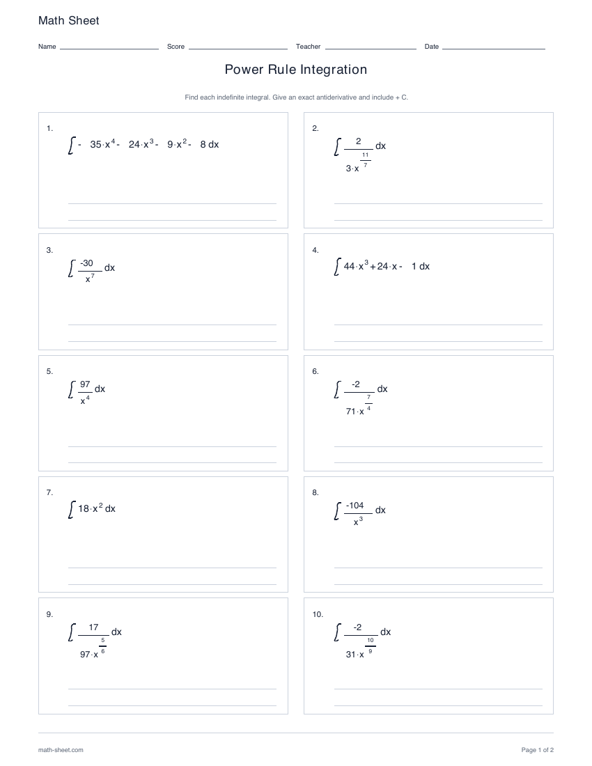 First page preview: Power Rule Integration worksheets