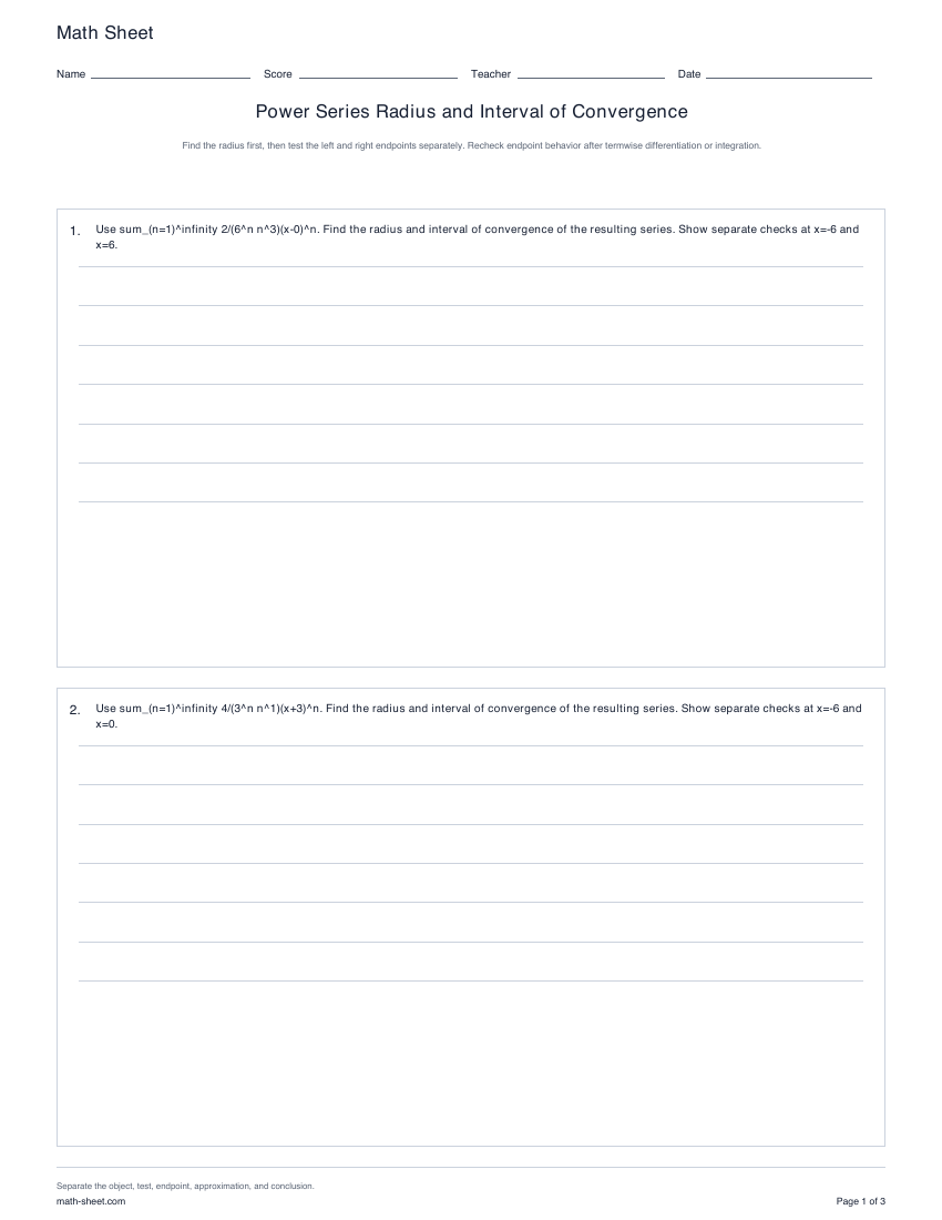 Printable power series intervals of convergence worksheets preview