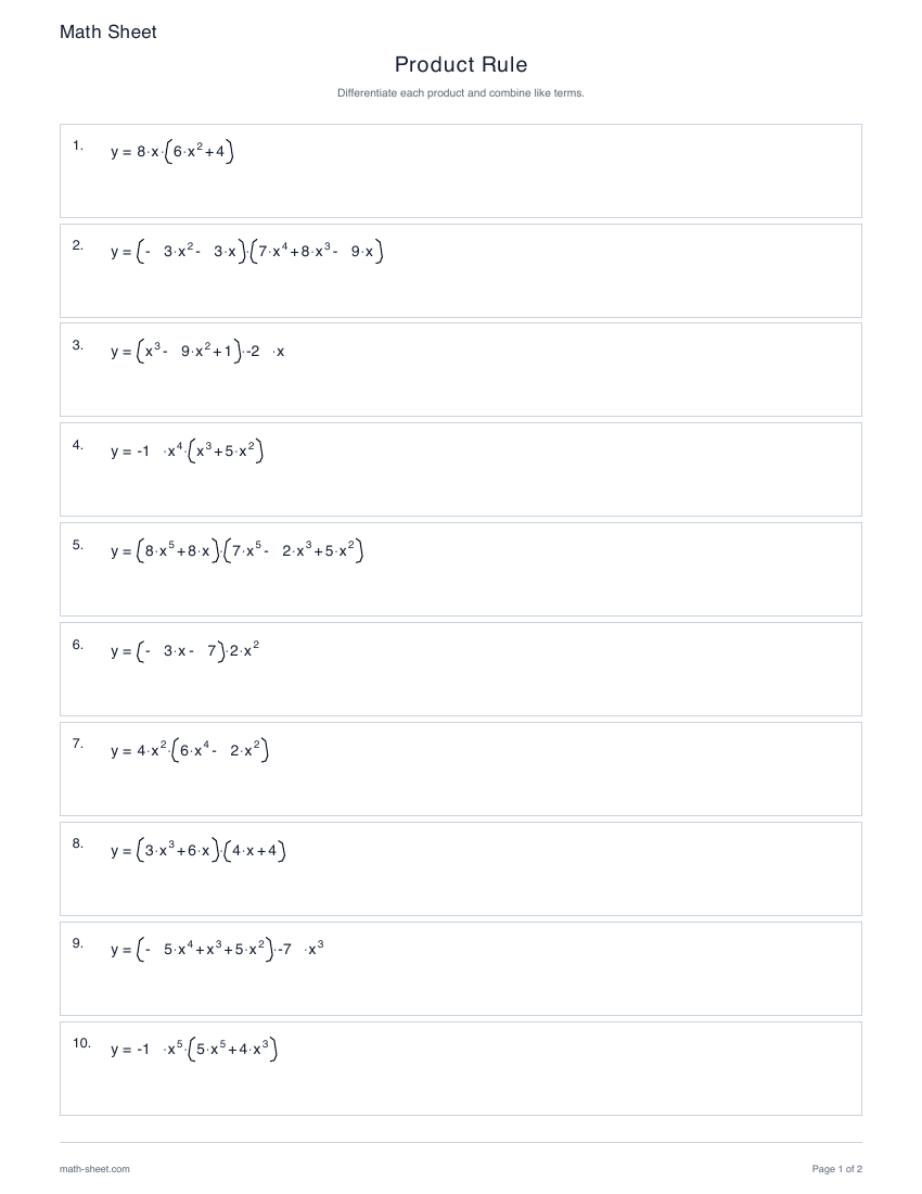 First page preview: Product Rule worksheets