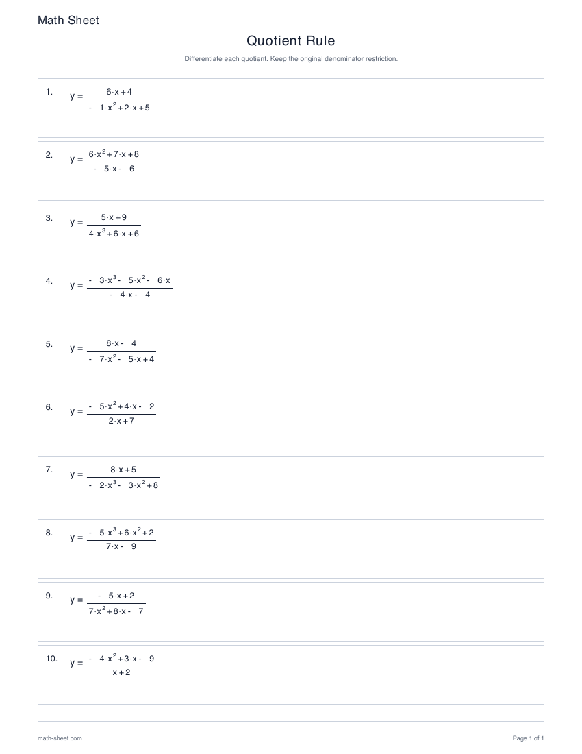 First page preview: Quotient Rule worksheets