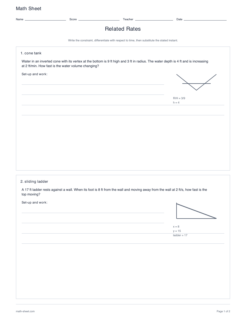 First page preview: Related Rates worksheets