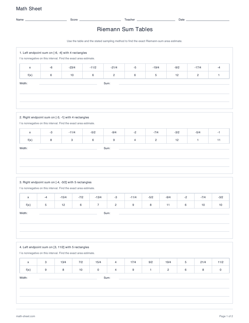 First page preview: Riemann Sum Tables worksheets