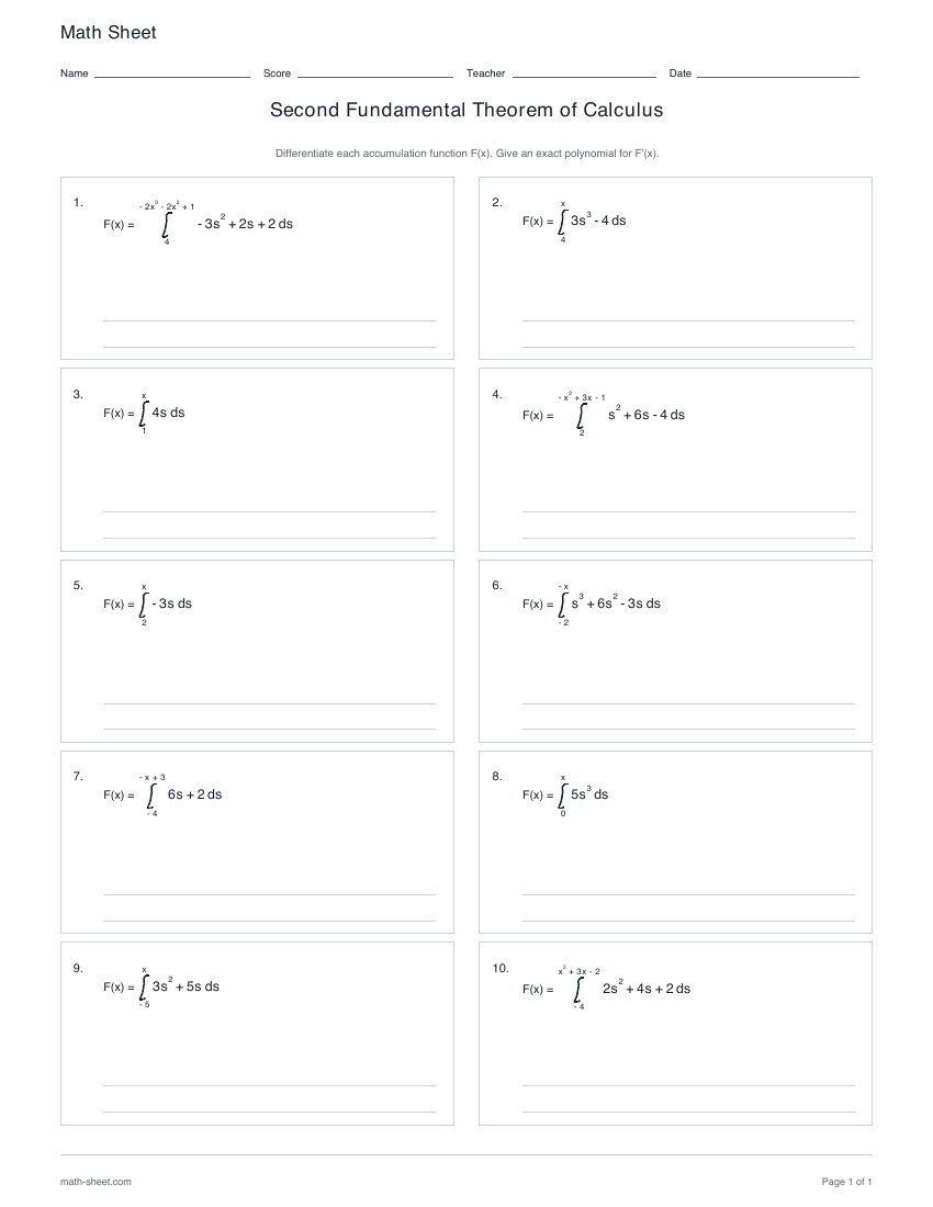 First page preview: Second Fundamental Theorem worksheets