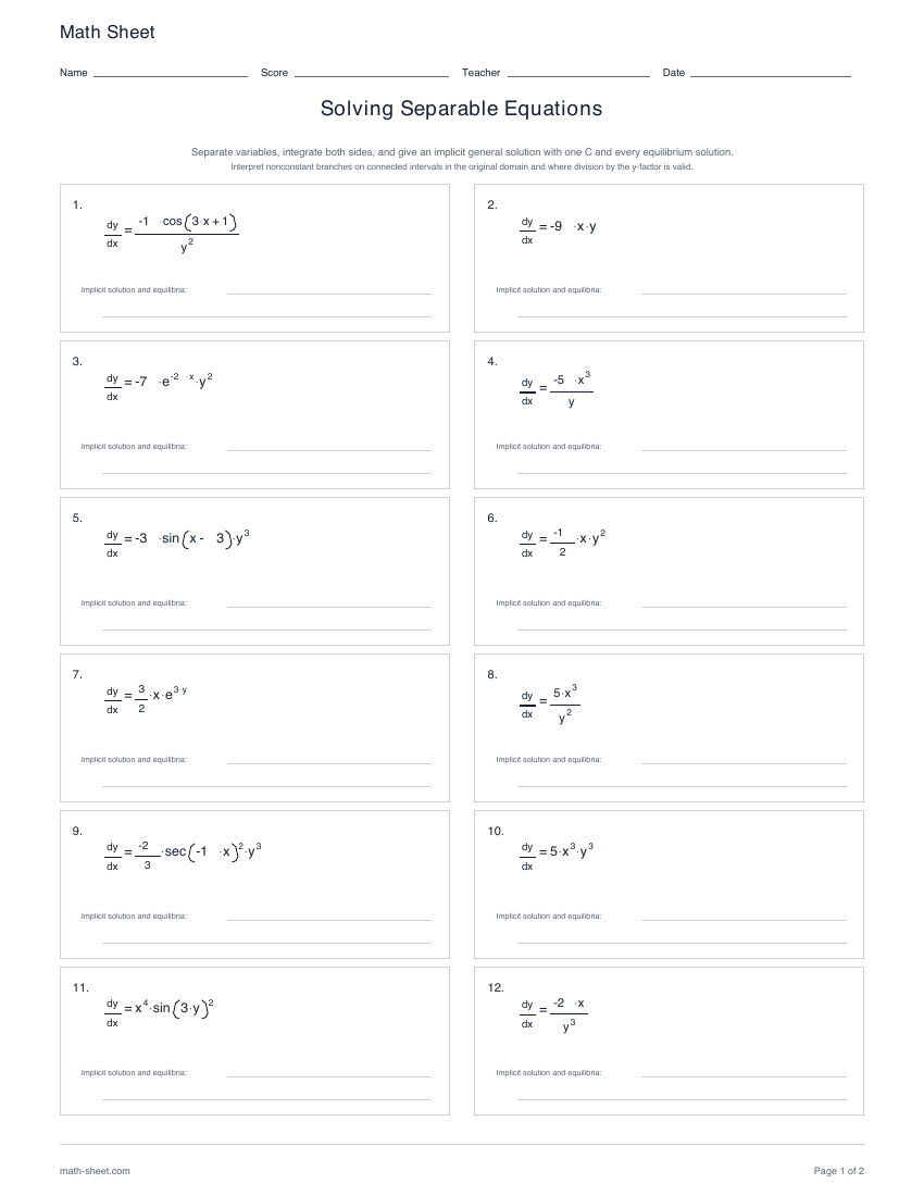 First page preview: Solving Separable Equations worksheets