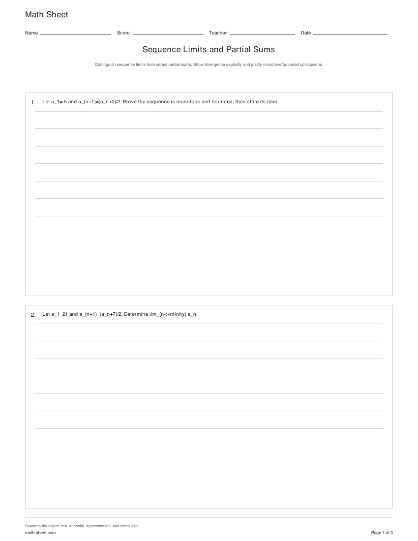 Printable sequence limits and partial sums worksheets preview