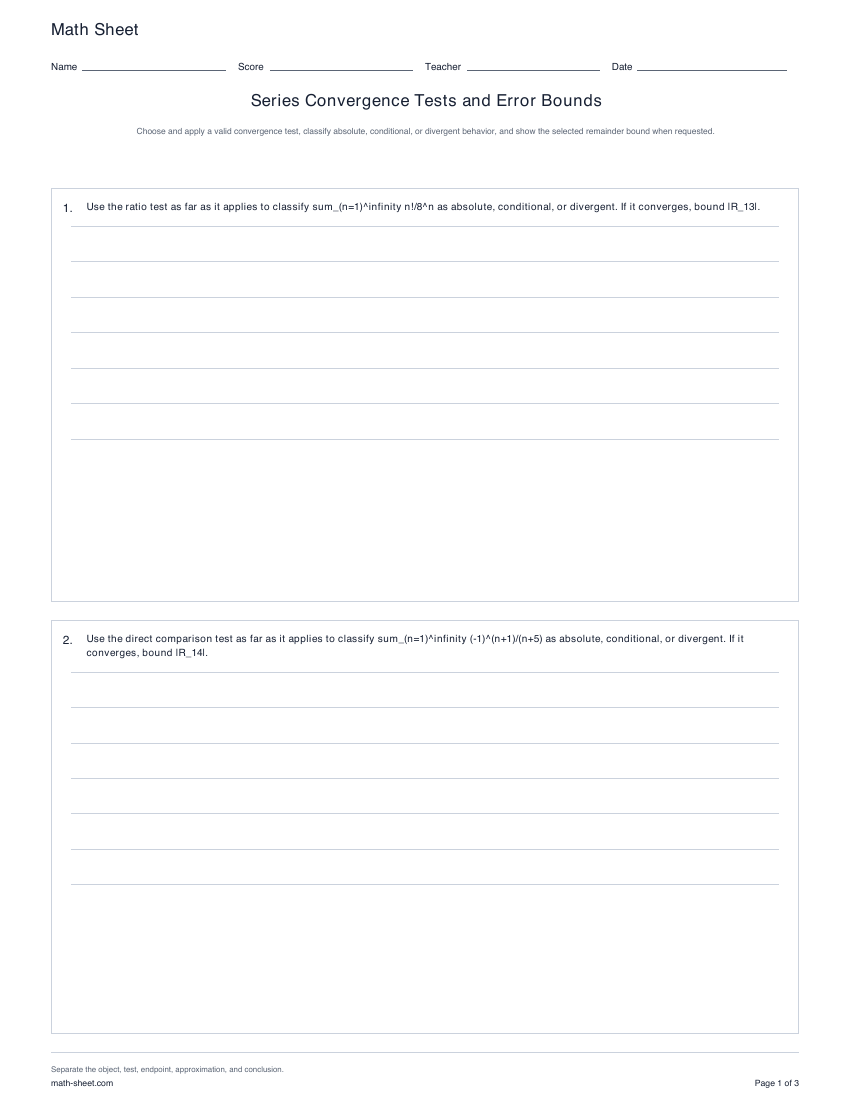 Printable series convergence tests and error bounds worksheets preview
