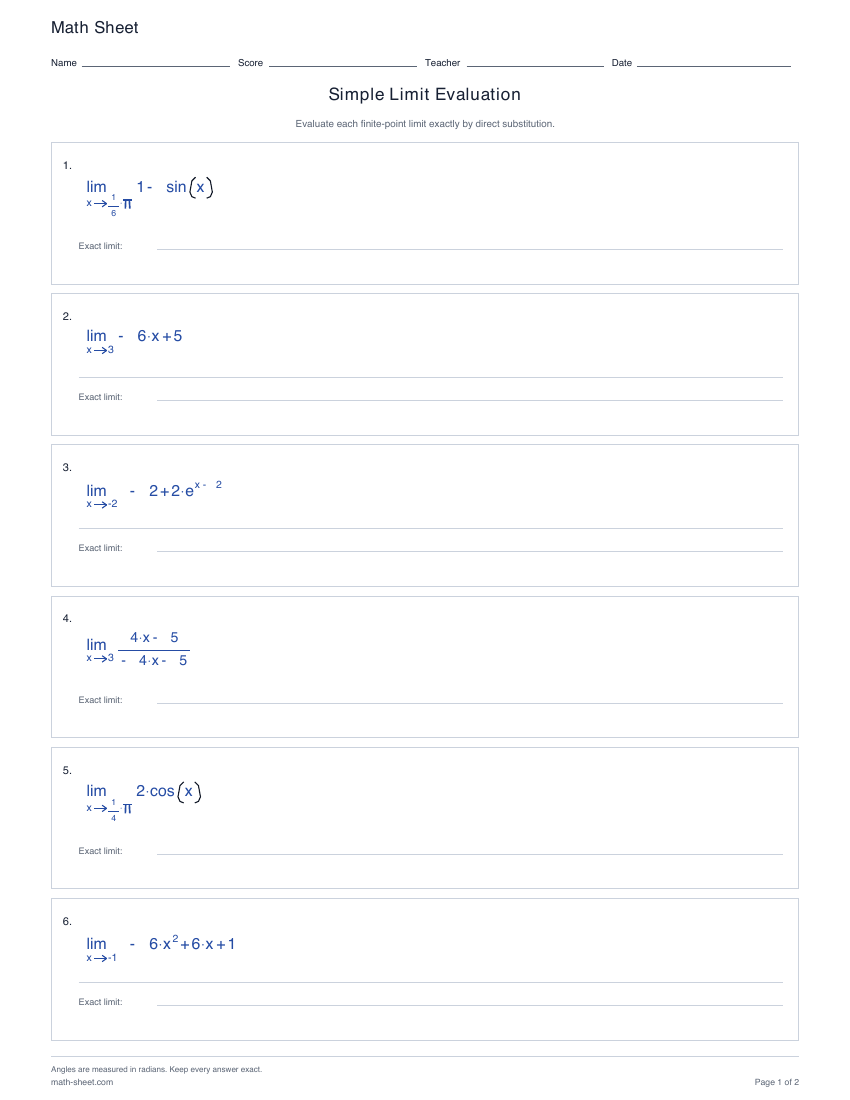 First page preview: Simple Limit Evaluation worksheets