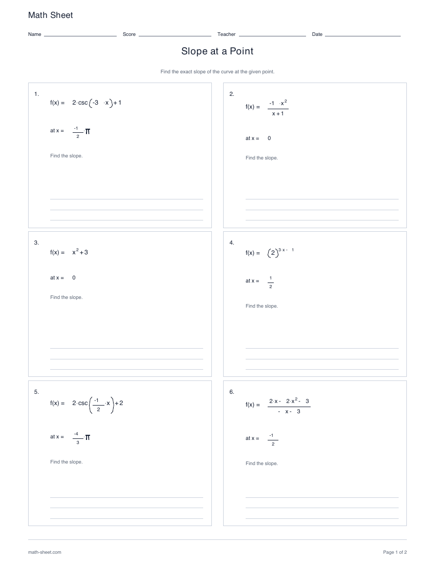 First page preview: Slope at a Point worksheets