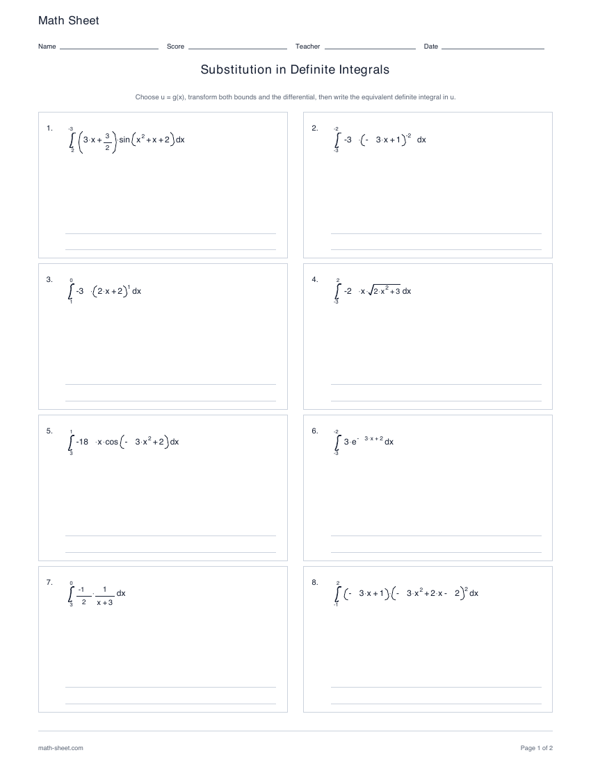 First page preview: Substitution in definite integrals worksheets