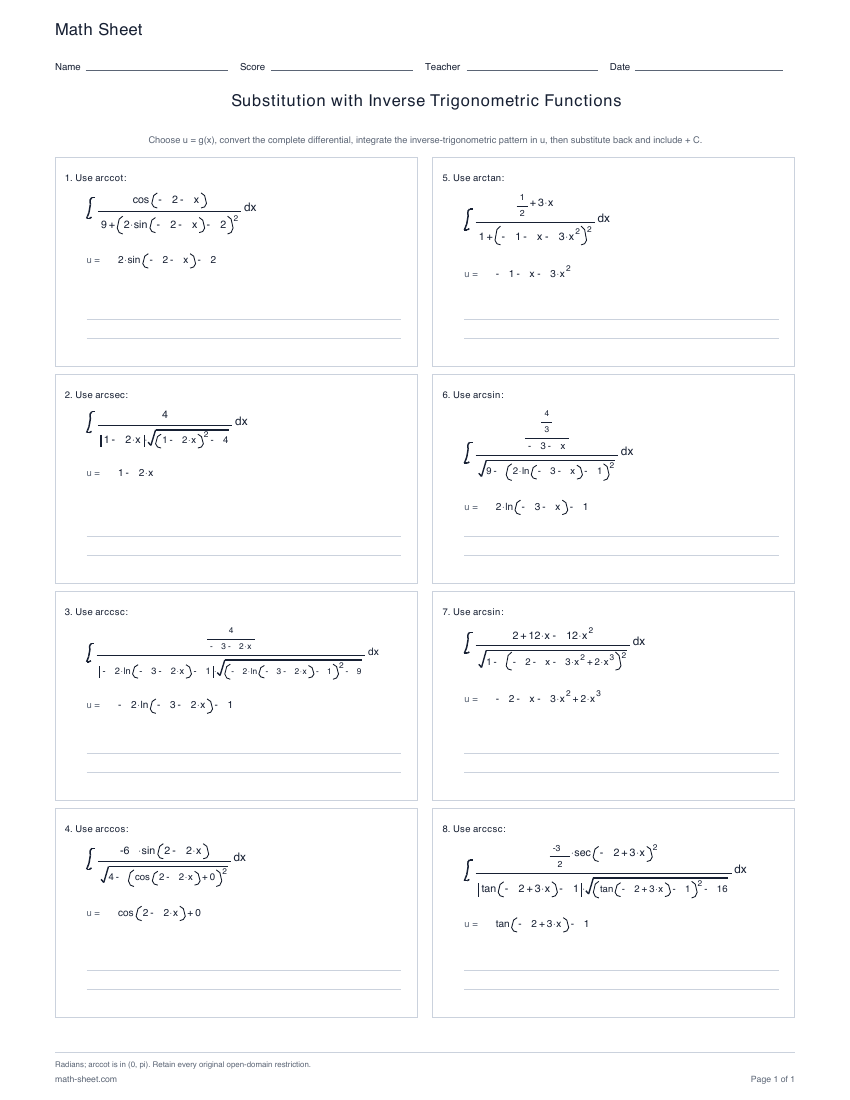 First page preview: Substitution with inverse trigonometric functions worksheets