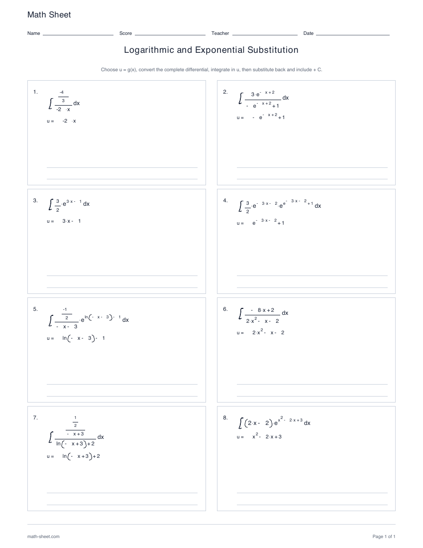 First page preview: Logarithmic and exponential substitution worksheets