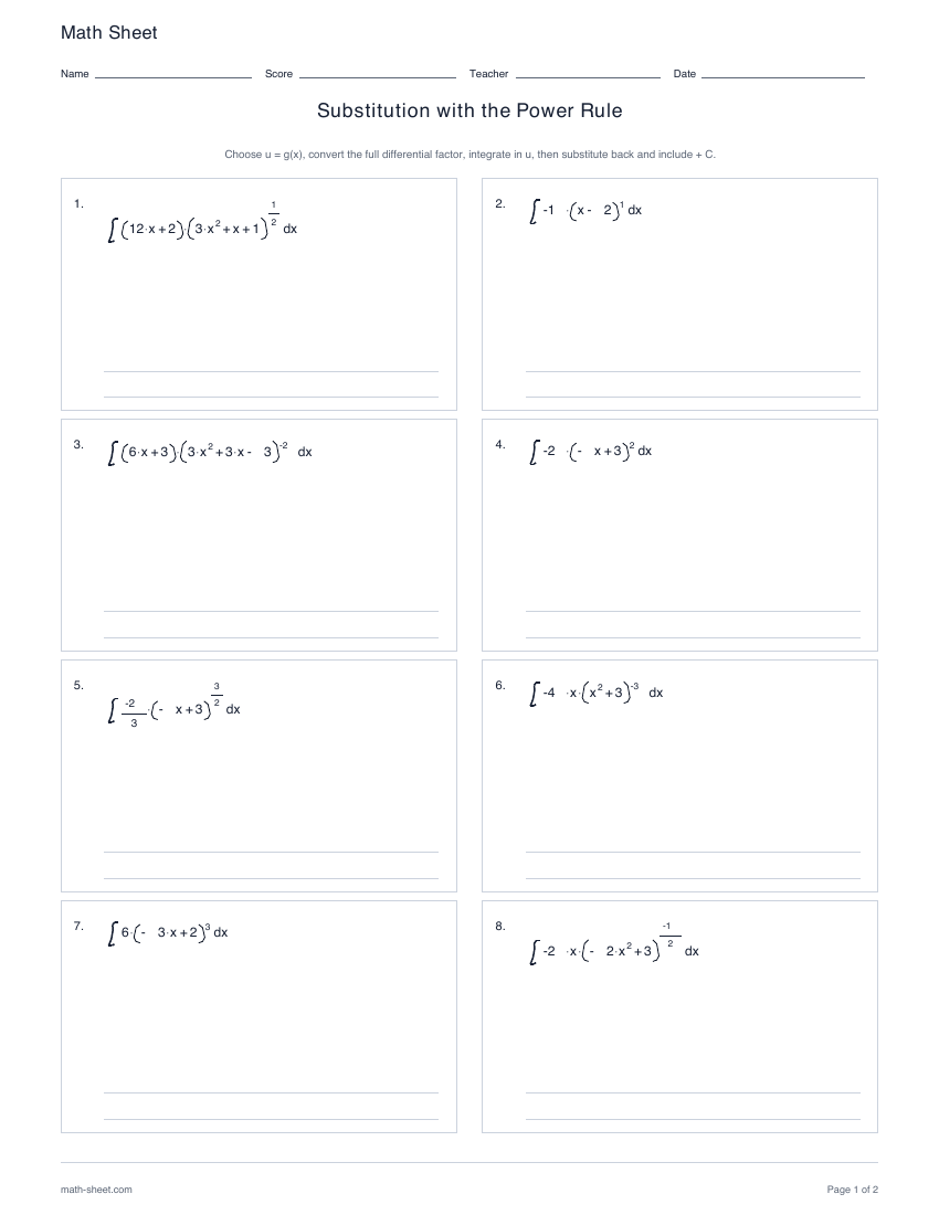 First page preview: Substitution with the power rule worksheets