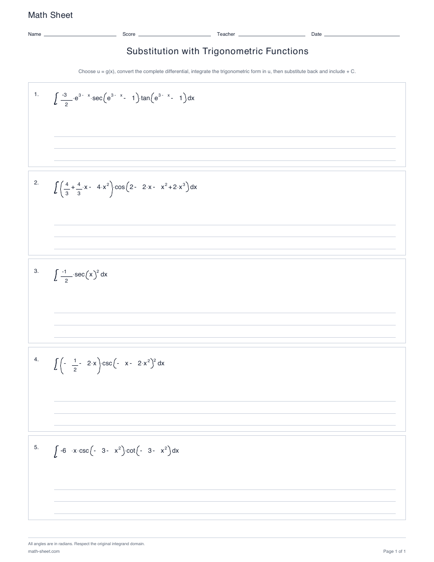 First page preview: Substitution with trigonometric functions worksheets