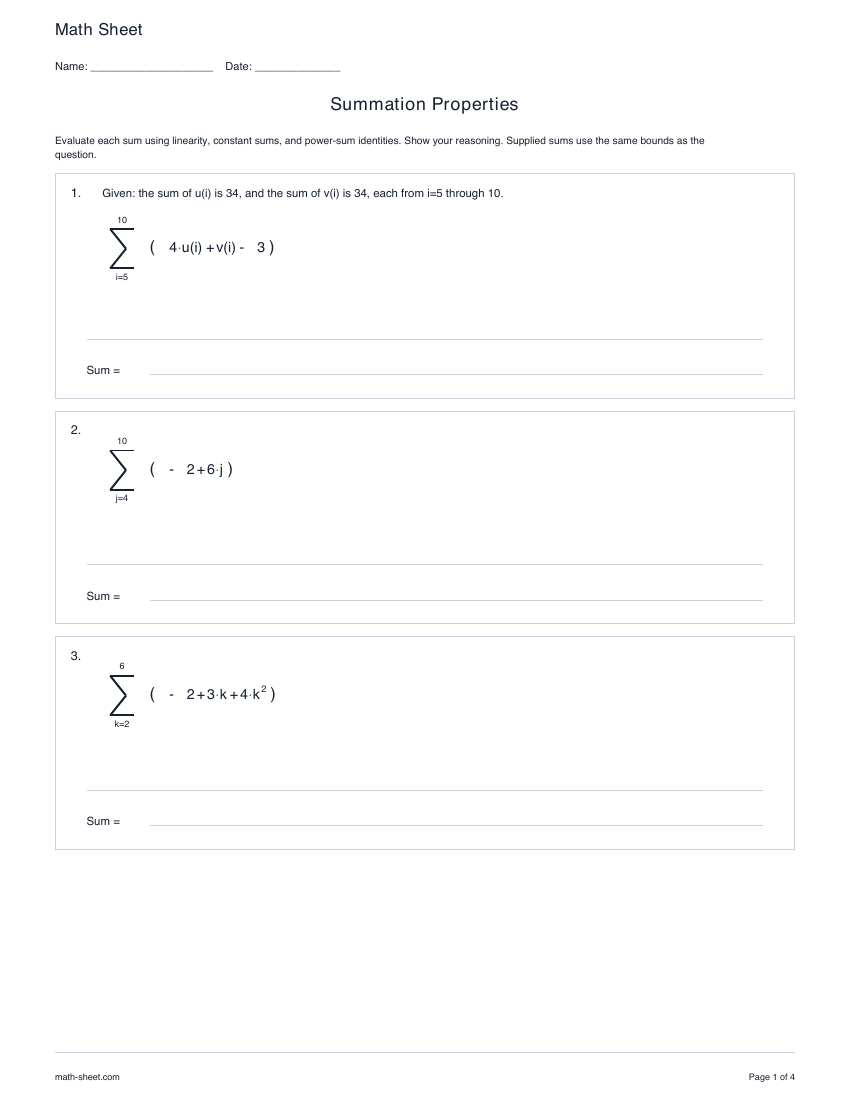 First page preview: Summation Properties worksheets