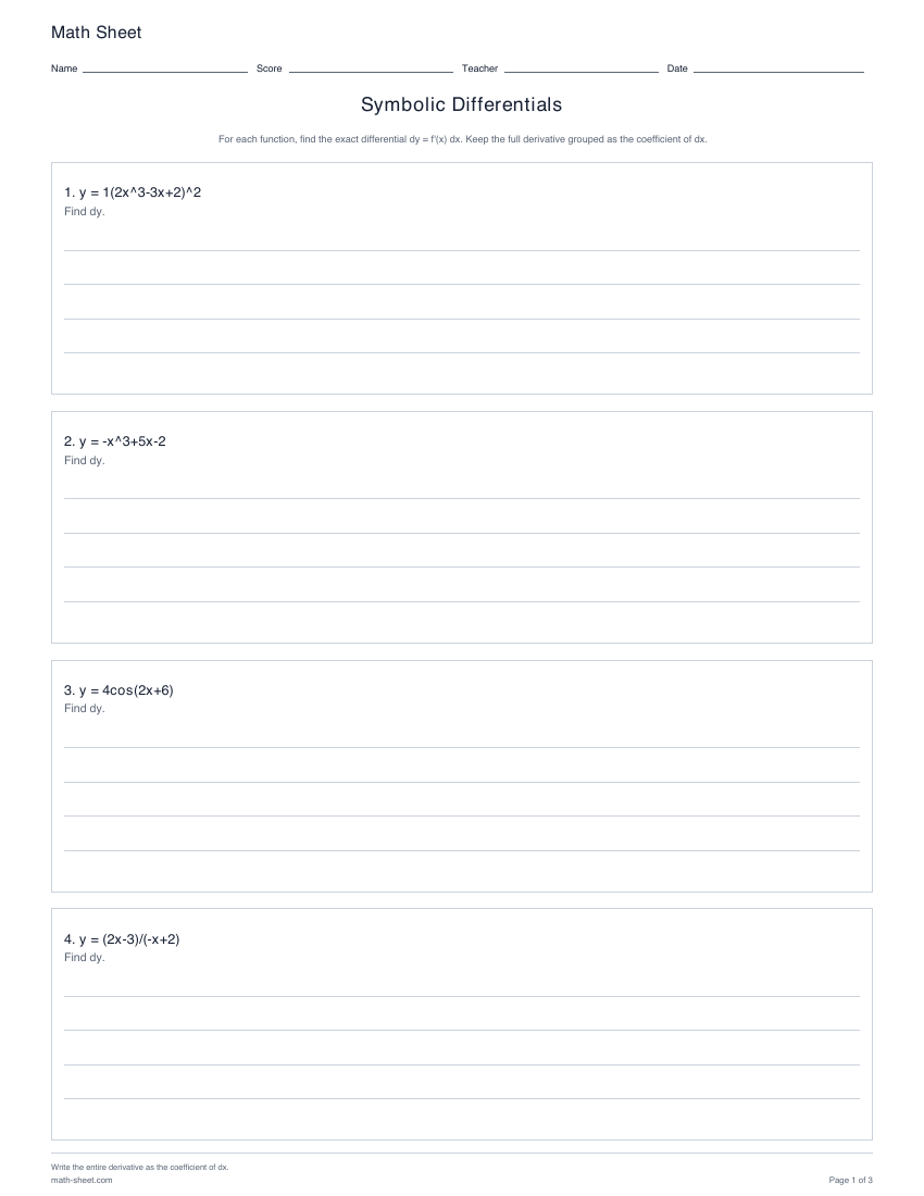 First page preview: Symbolic Differentials worksheets