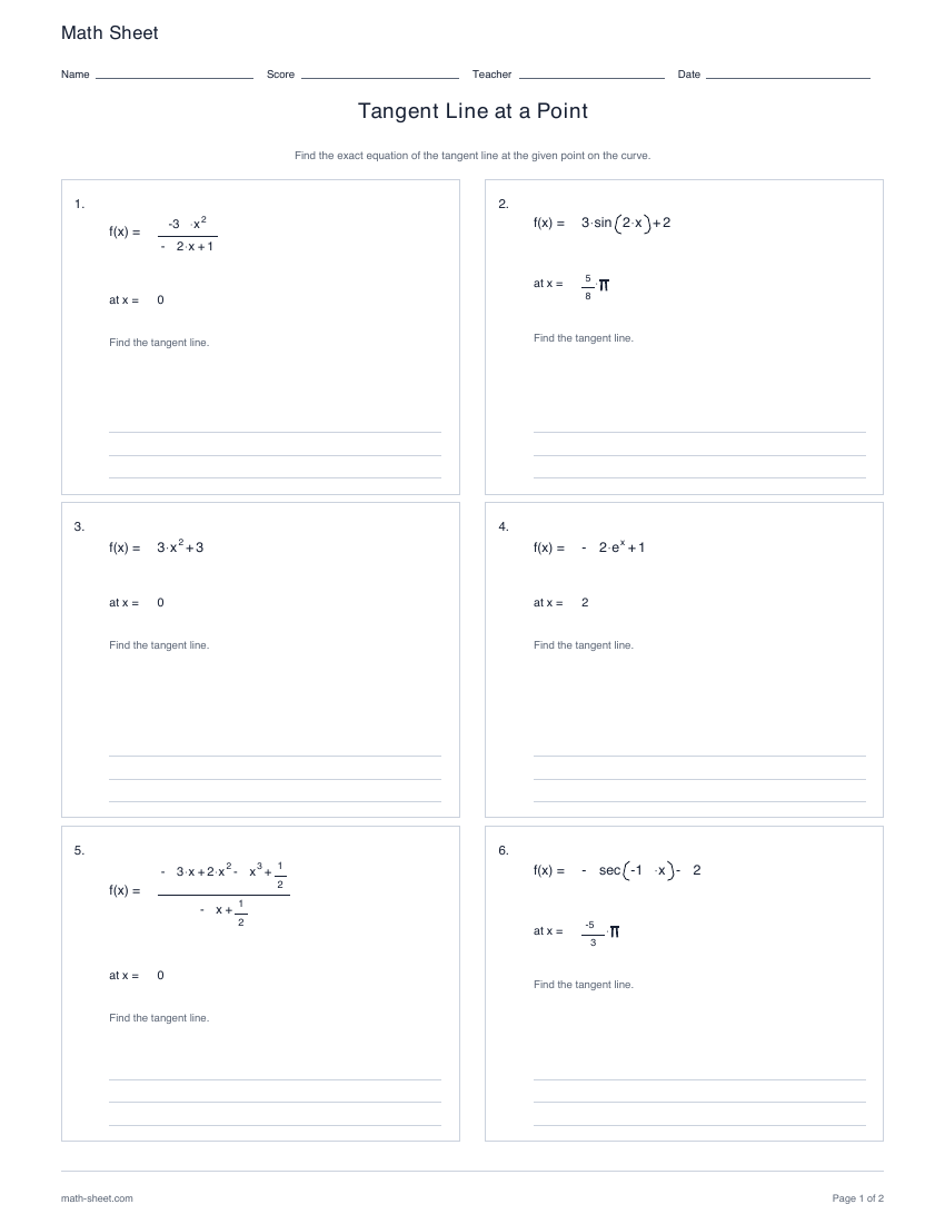 First page preview: Tangent Line at a Point worksheets