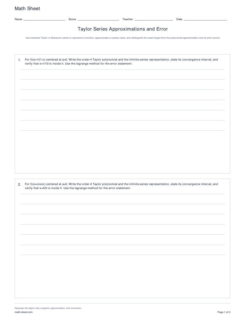 Printable taylor series approximations and error worksheets preview