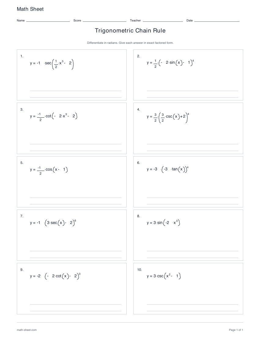First page preview: Trigonometric Chain Rule worksheets