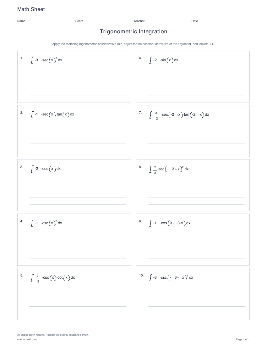 First page preview: Trigonometric Integration worksheets