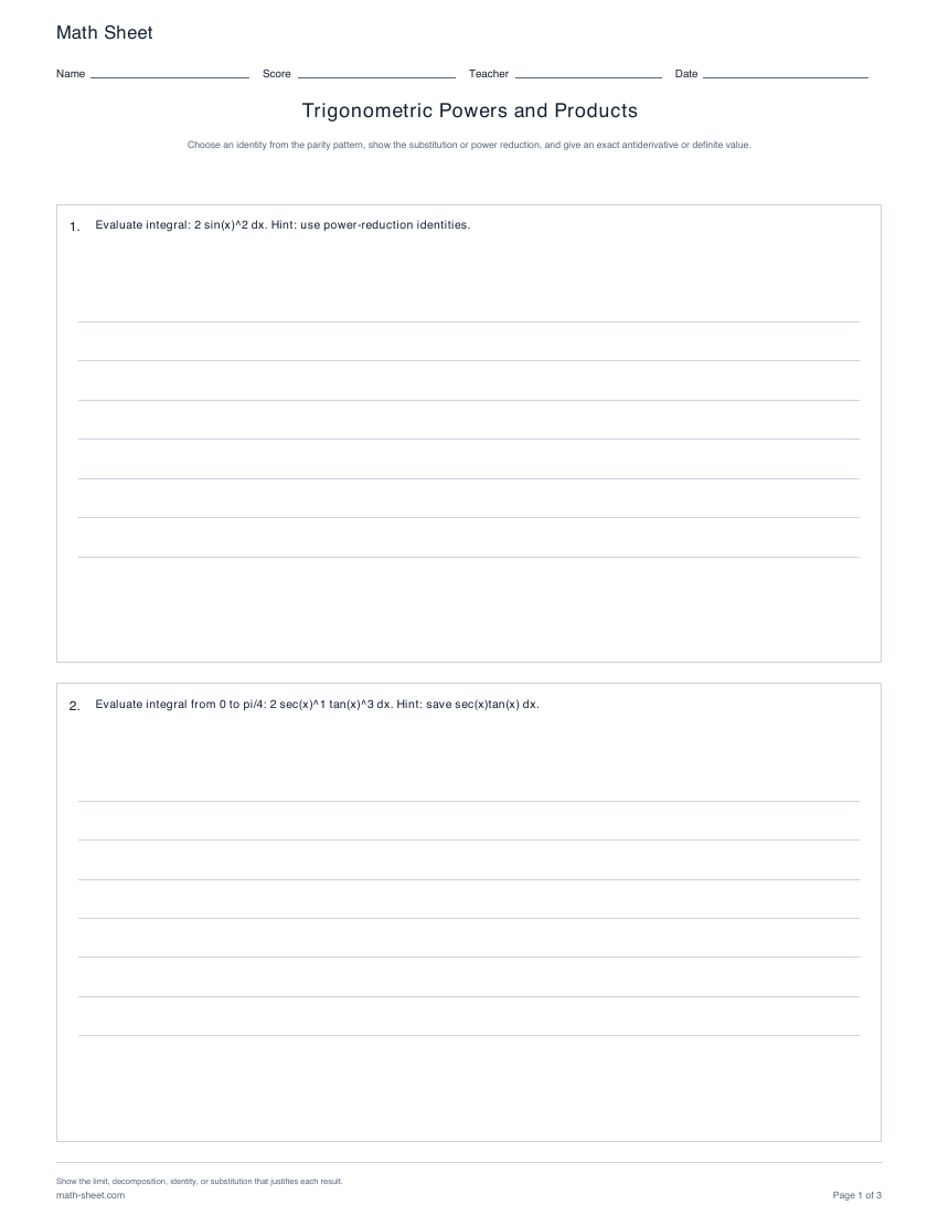 Printable trigonometric powers and products worksheets preview