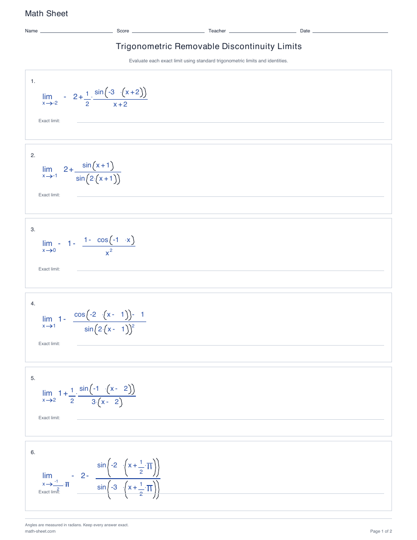First page preview: Trigonometric Removable Discontinuity Limits worksheets