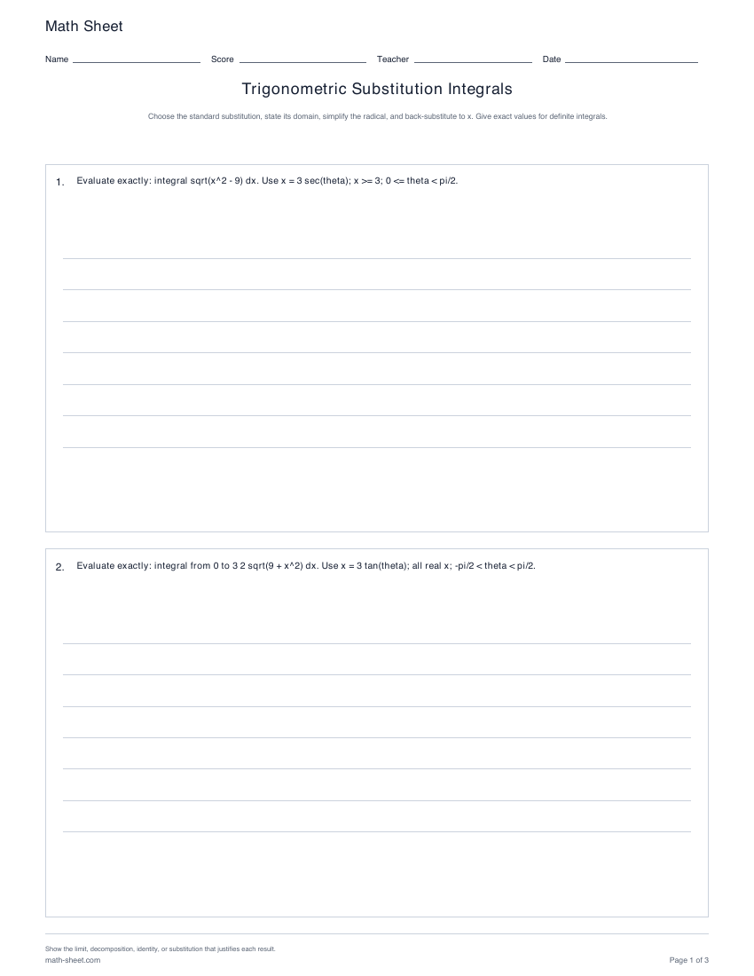 Printable trigonometric substitution integrals worksheets preview