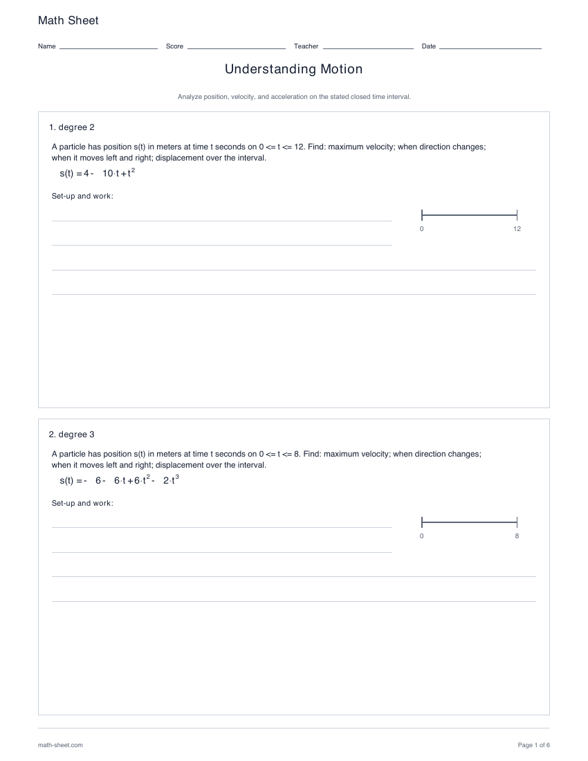 First page preview: Understanding Motion worksheets