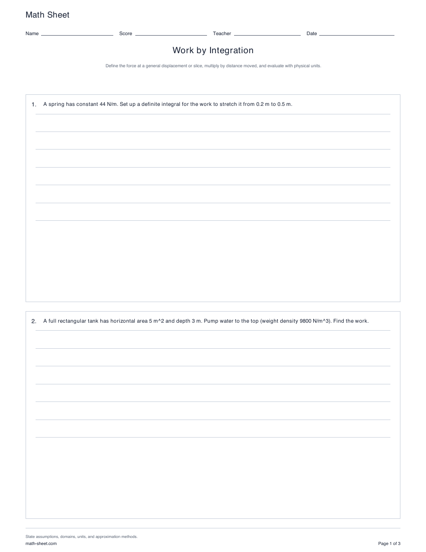 Printable work by integration worksheets preview