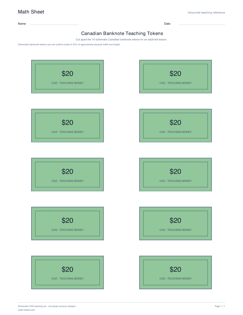 Printable canadian banknote teaching tokens worksheet preview
