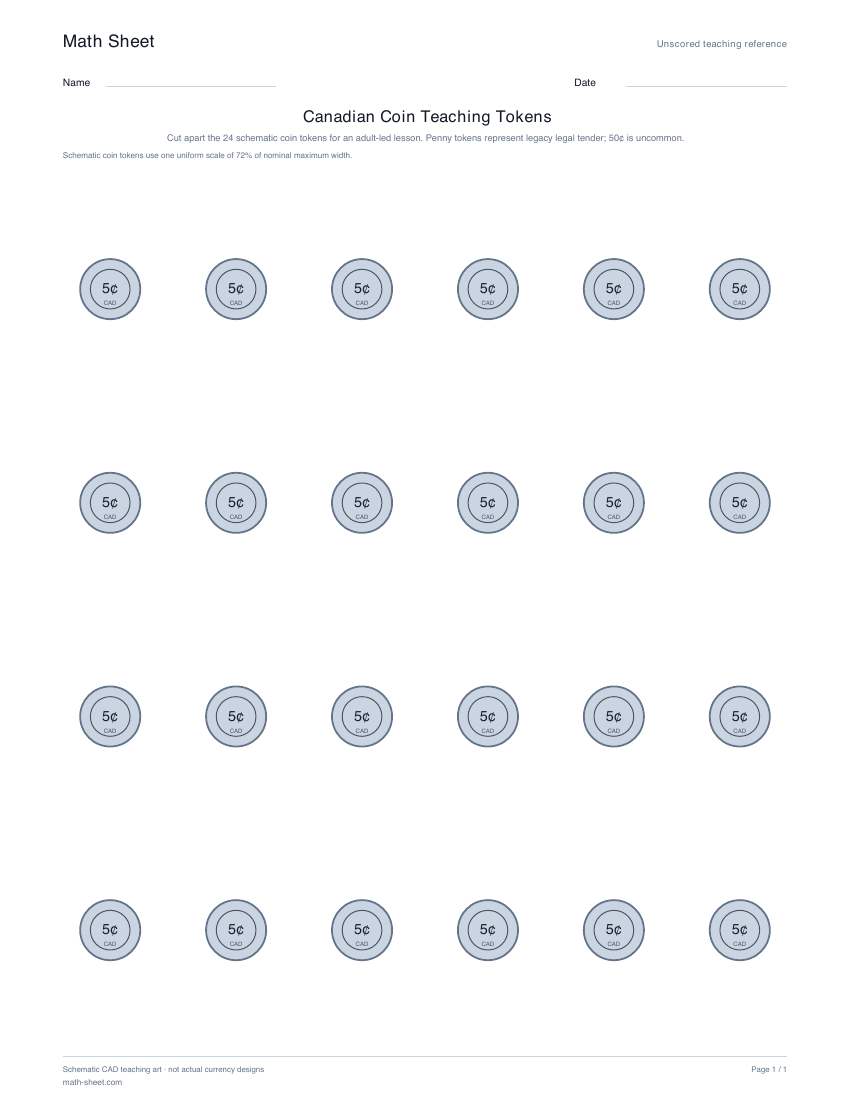 Printable canadian coin teaching tokens worksheet preview
