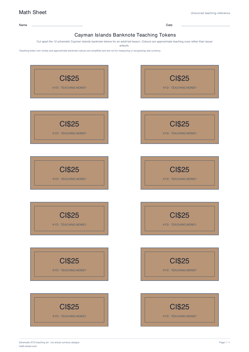 Printable cayman islands banknote teaching tokens worksheet preview