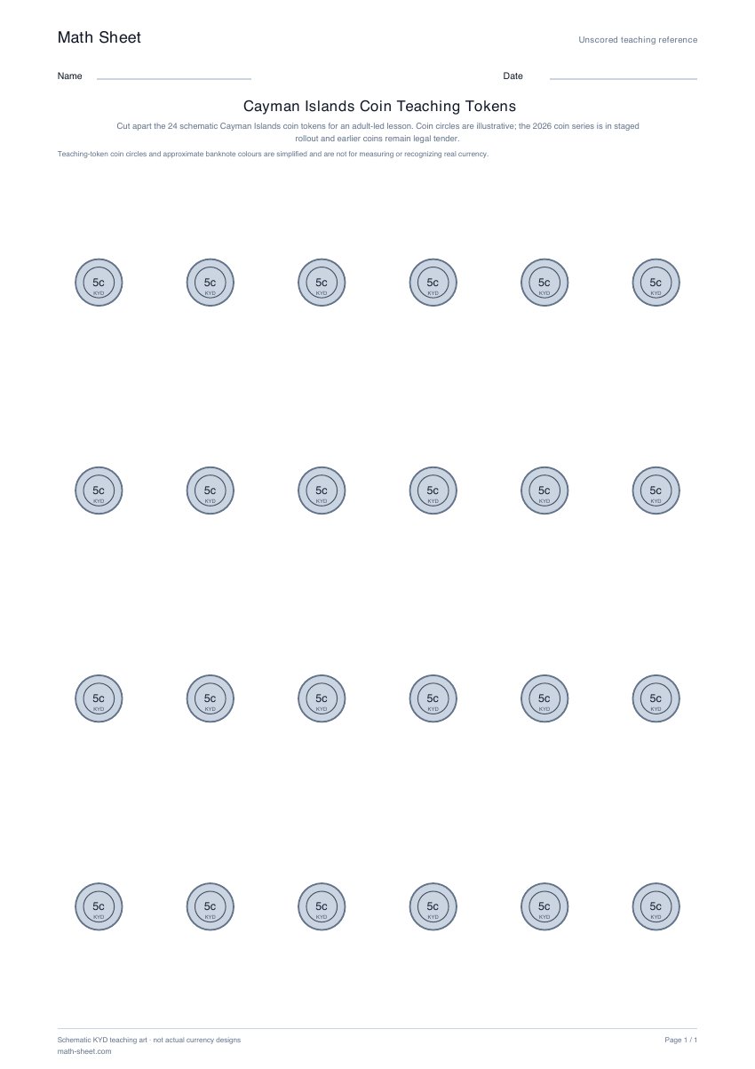 Printable cayman islands coin teaching tokens worksheet preview