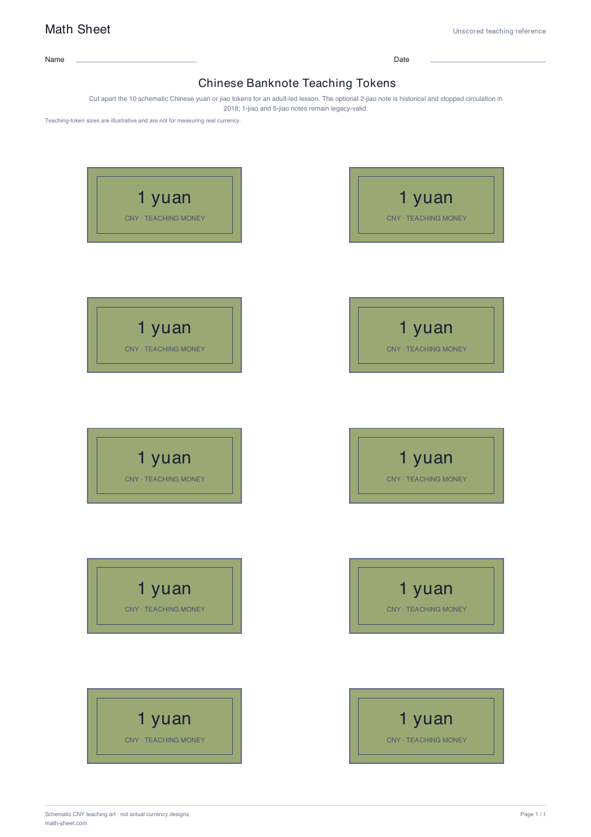 Printable chinese banknote teaching tokens worksheet preview