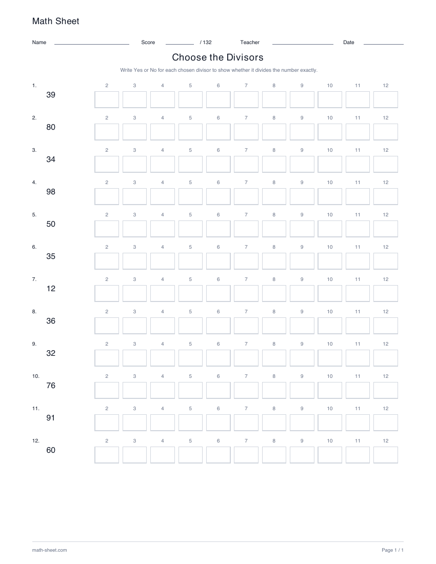 Printable divisibility with chosen divisors worksheet preview