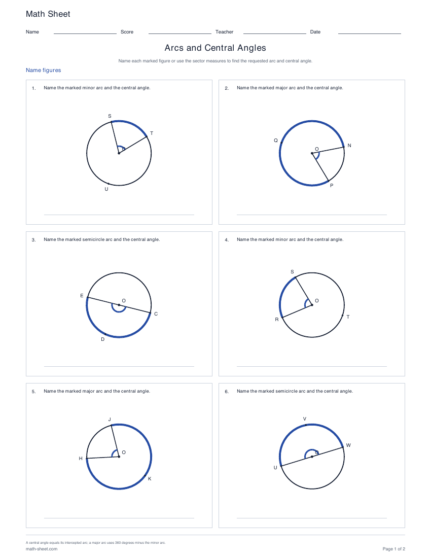 First page preview: Arcs and Central Angles Worksheets
