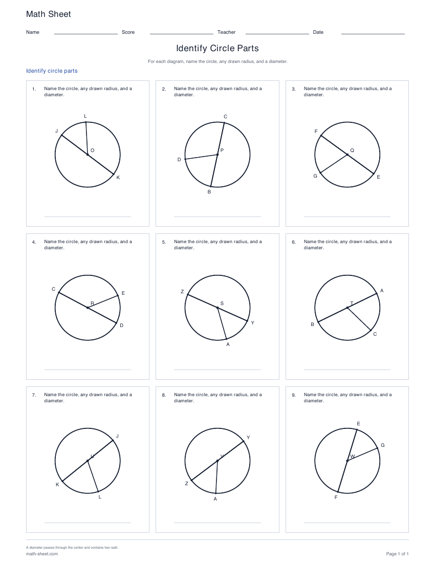 First page preview: Identify Circle, Radius and Diameter Worksheets