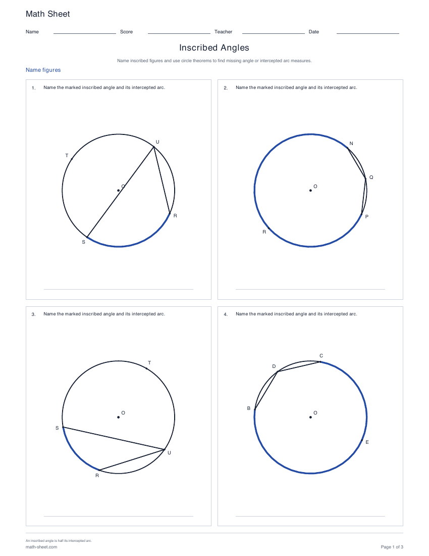 First page preview: Inscribed Angles Worksheets