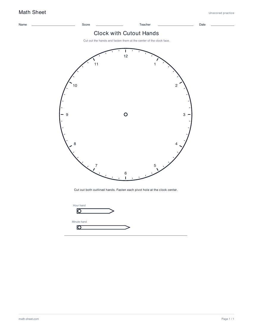 Printable clock with cutout hands worksheet preview
