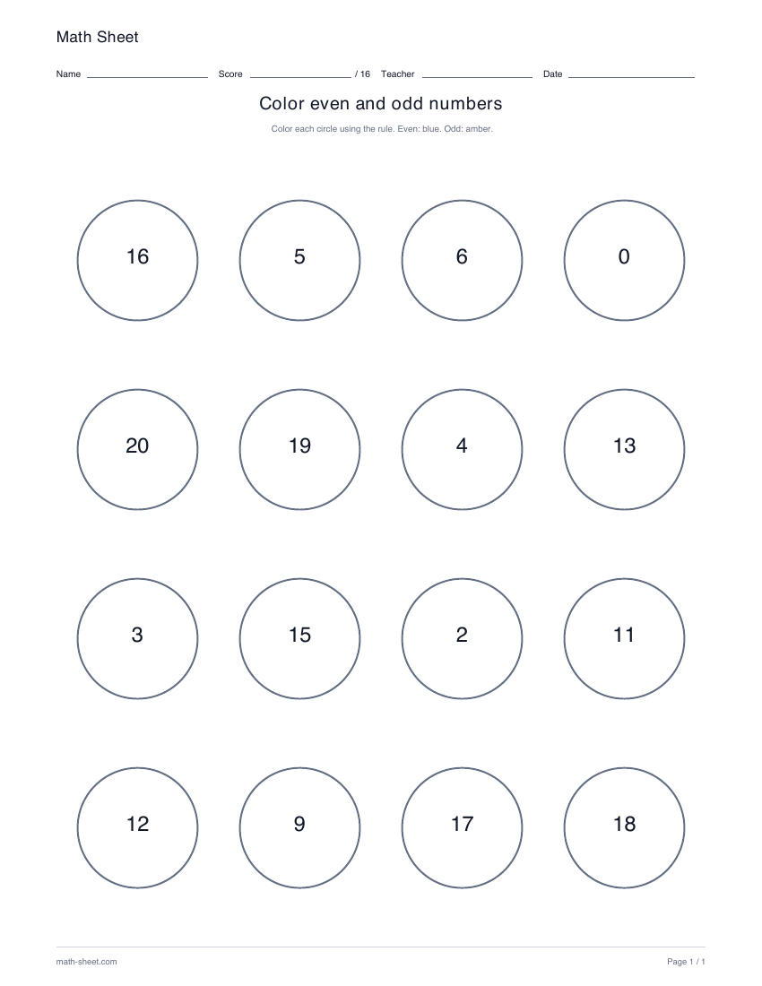 Printable color even and odd numbers worksheet preview